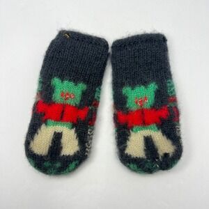Vintage 60s Kids Mittens Hand Knit Fair Isle Winter Nordic Scandanavian Bear